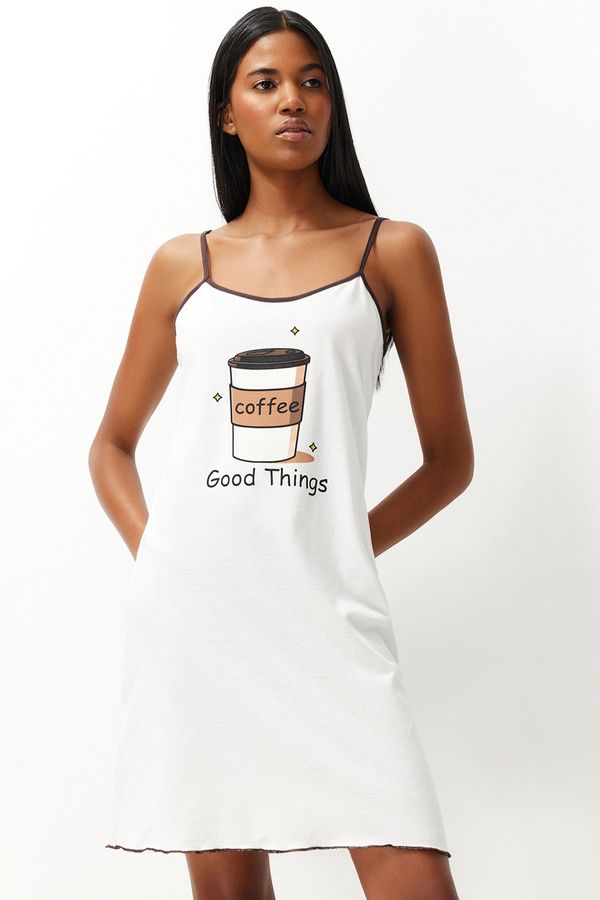 Trendyol Trendyol Ecru 100% Cotton Coffee Printed Rope Strap Knitted Nightgown