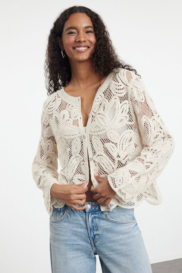 Trendyol Trendyol Ecru 100% Cotton Crochet Detailed Floral Knitted Cardigan