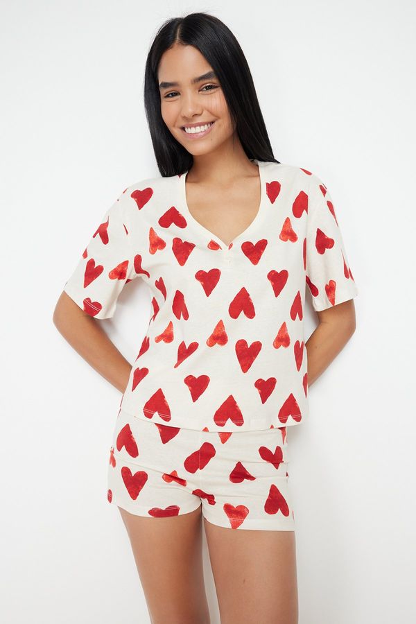 Trendyol Trendyol Ecru 100% Cotton Heart T-shirt-Shorts Knitted Pajamas Set