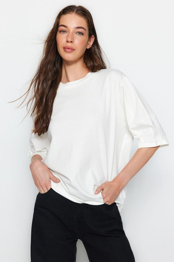 Trendyol Trendyol Ecru 100% Cotton Premium Oversize/Wide Fit 3 Quarter Sleeve Knitted T-Shirt