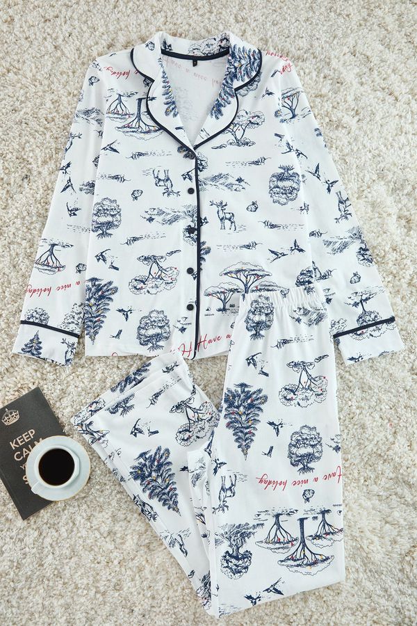 Trendyol Trendyol Ecru 100% Cotton Printed Piping Detailed Knitted Pajama Set