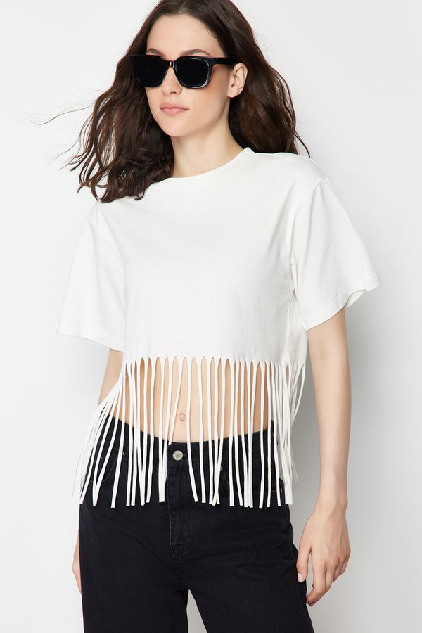 Trendyol Trendyol Ecru 100% Cotton Tassel Detailed Knitted T-Shirt