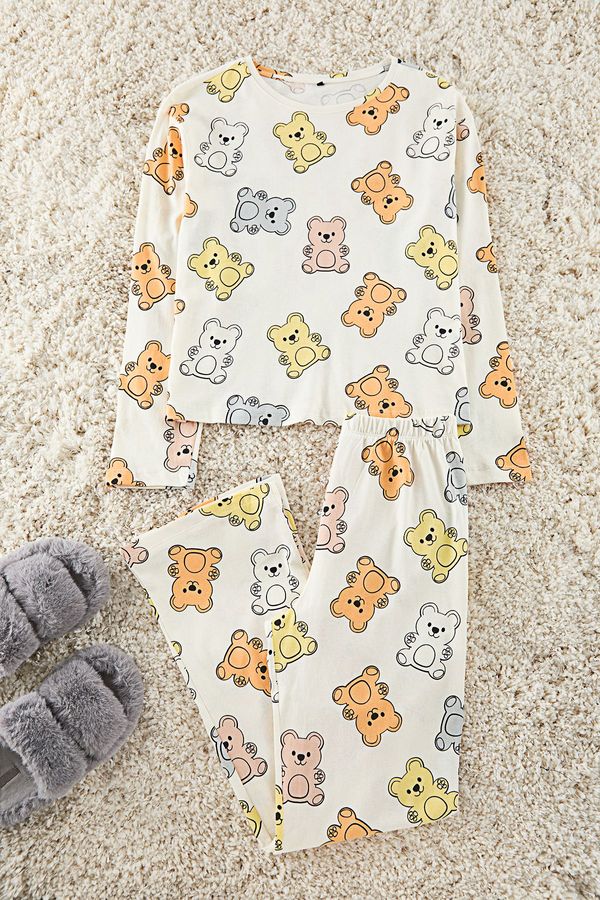 Trendyol Trendyol Ecru 100% Cotton Teddy Bear Knitted Pajama Set