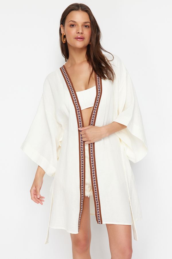 Trendyol Trendyol Ecru Belted Maxi Woven Muslin Kimono&Kaftan