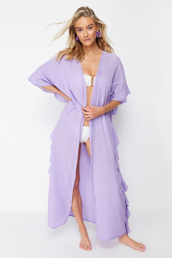 Trendyol Trendyol Ecru Belted Maxi Woven Ruffle Kimono&amp;Kaftan