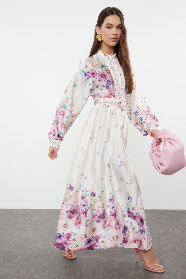 Trendyol Trendyol Ecru Belted Woven Floral Patterned Dress