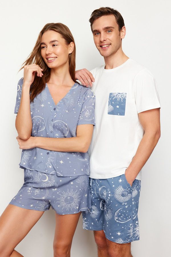 Trendyol Trendyol Ecru Blue Printed Regular Fit Couple/Double Knitted Shorts Pajama Set