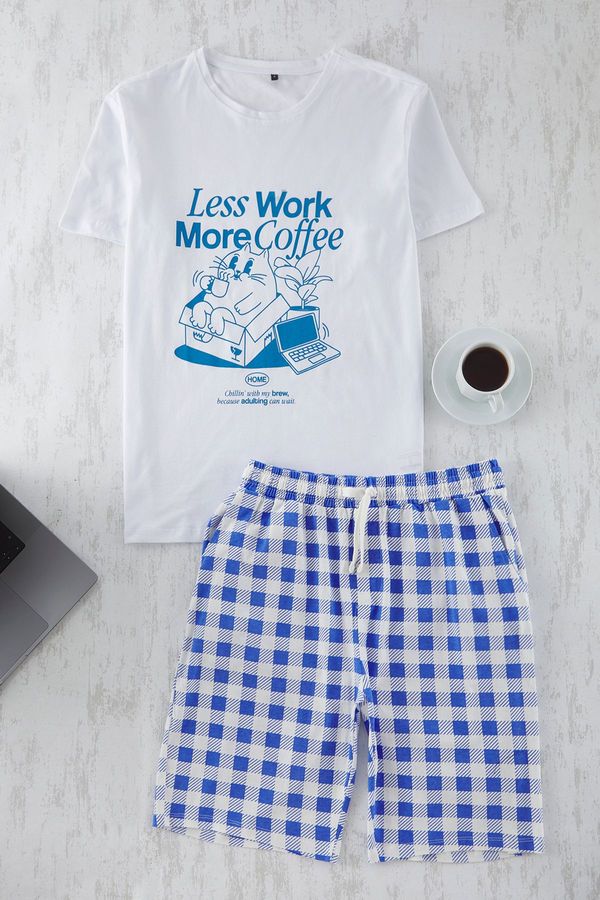Trendyol Trendyol Ecru-Blue Regular Fit Couple/Double Knitted Shorts Pajama Set