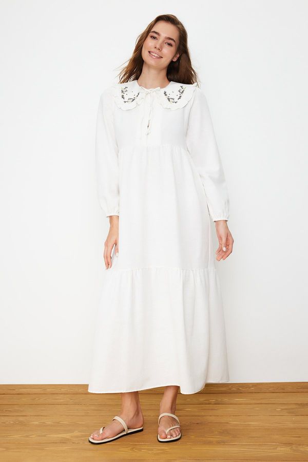 Trendyol Trendyol Ecru Collar Embroidered Half Pat Linen Look Woven Dress