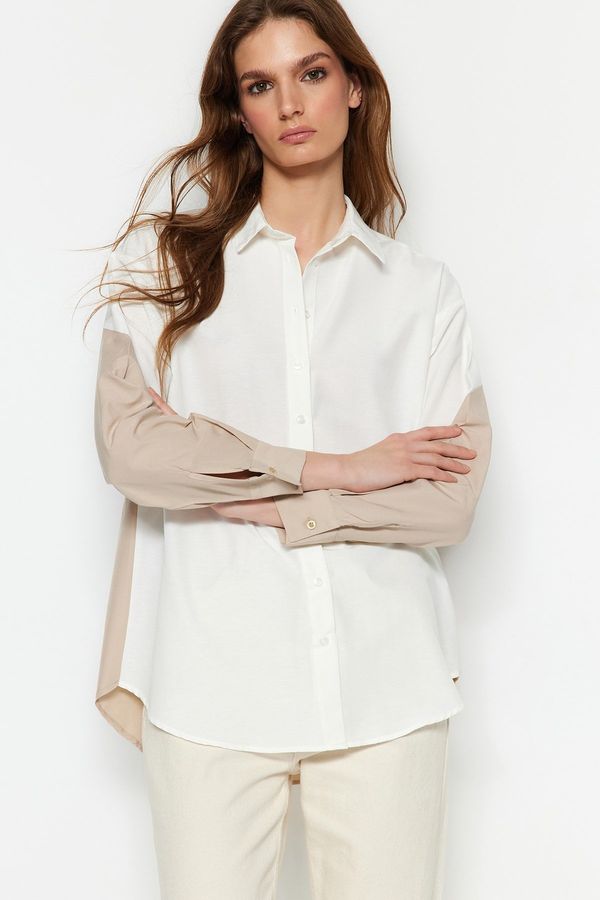 Trendyol Trendyol Ecru Color Block Boyfriend Wide Fit Woven Shirt