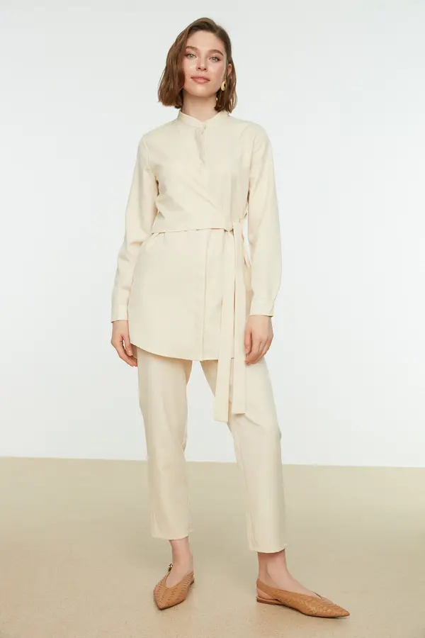 Trendyol Trendyol Ecru Crimp Collar, Double Breasted, Tied Shirt-Pants, Woven Suit
