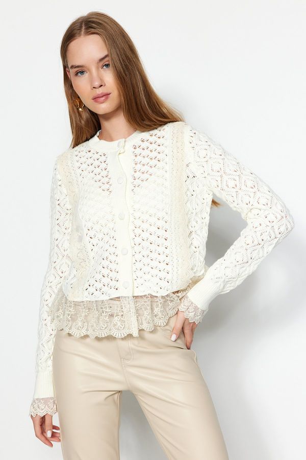 Trendyol Trendyol Ecru Crop Lace Openwork/Perforated Knitwear Cardigan