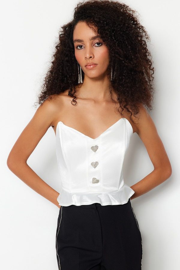 Trendyol Trendyol Ecru Crop Lined Knitted Accessories Flounce Satin Bridal Blouse