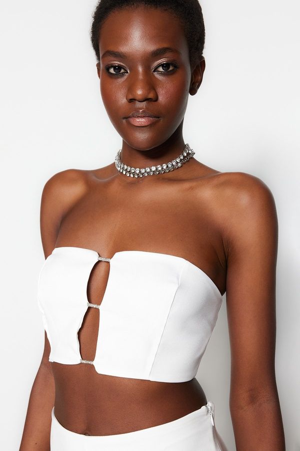 Trendyol Trendyol Ecru Crop Lined Woven Shiny Stone Window/Cut Out Detailed Bustier