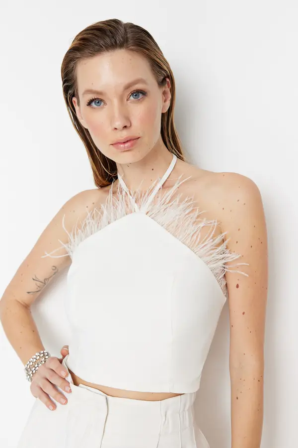 Trendyol Trendyol Ecru Crop Lined Woven Trim Bridal Bustier