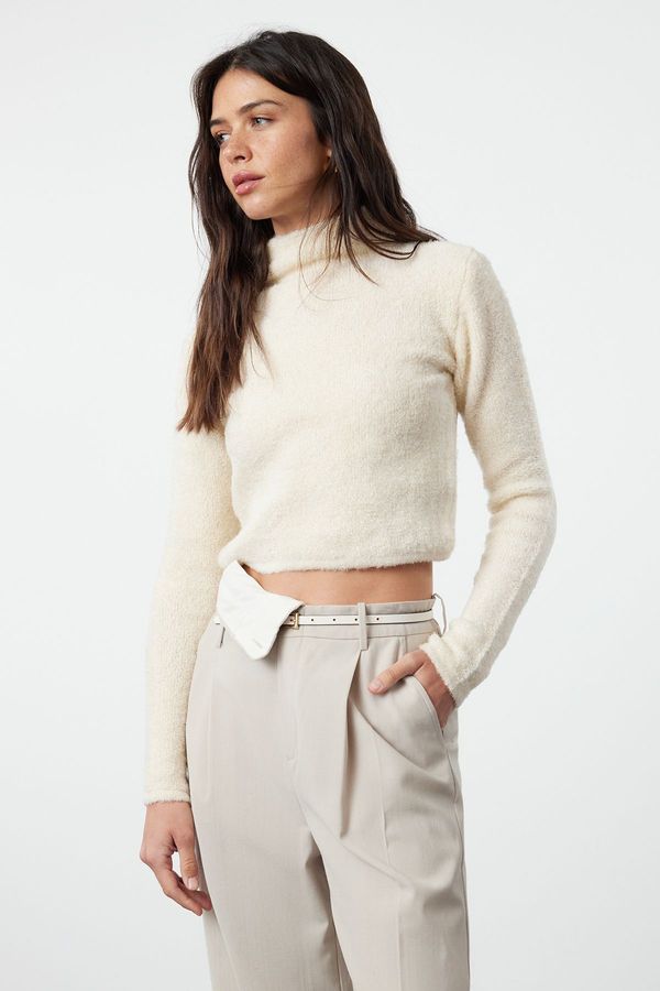 Trendyol Trendyol Ecru Crop Stand Collar Boucle Knitwear Sweater