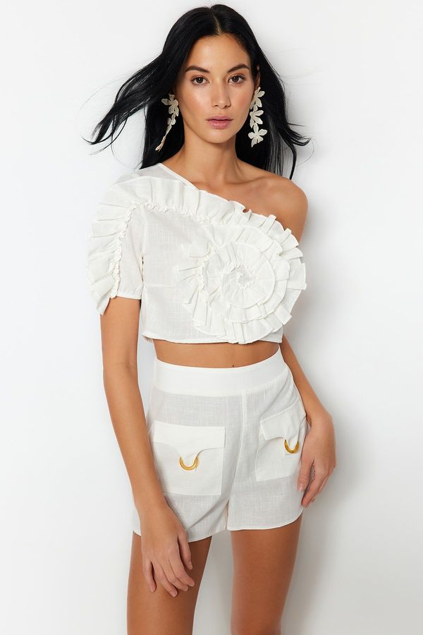 Trendyol Trendyol Ecru Crop Woven Ruffled One-Shoulder 100% Cotton Blouse