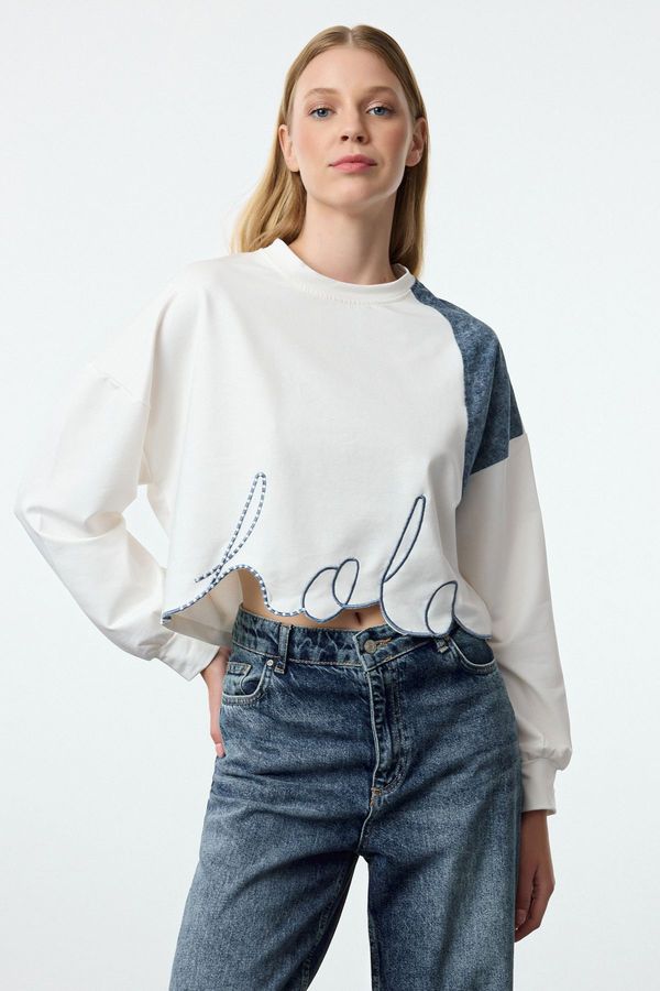 Trendyol Trendyol Ecru Denim Garni and Embroidery Detail Crop/Short Relaxed Knitted Sweatshirt