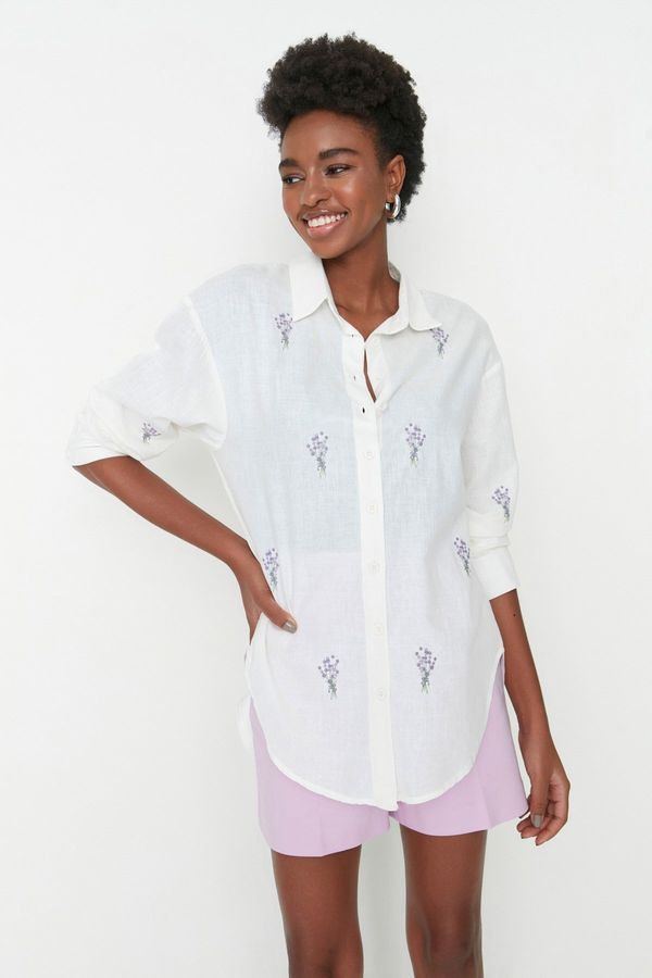 Trendyol Trendyol Ecru Floral Embroidery Detailed Cotton Oversize Wide Cut Woven Shirt