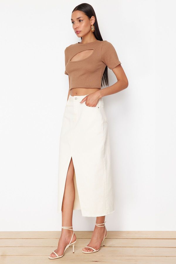 Trendyol Trendyol Ecru Gabardine Front Slit Woven Midi Skirt