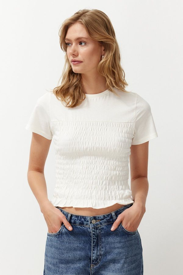 Trendyol Trendyol Ecru Gimped Fitted/Body-Sitting Crew Neck Knitted Blouse