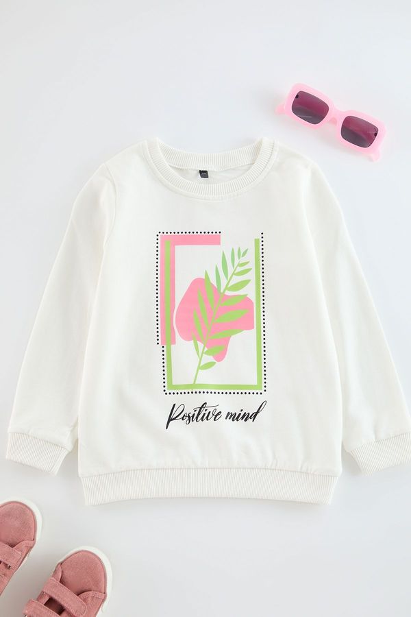 Trendyol Trendyol Ecru Girl Printed Crew Neck Cotton Knitted Sweatshirt