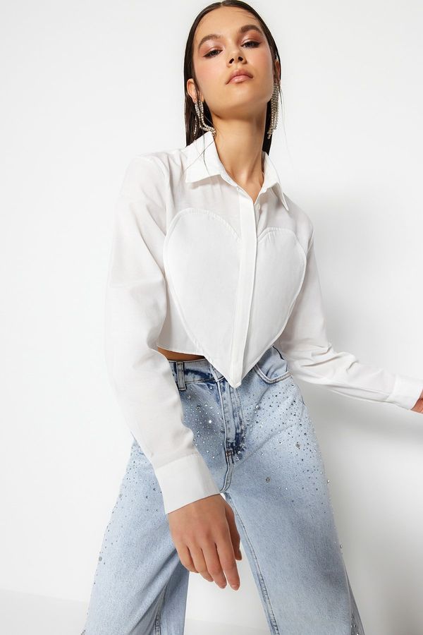 Trendyol Trendyol Ecru Heart Detailed Crop Poplin Shirt