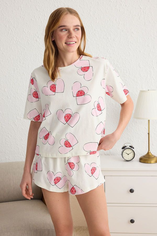 Trendyol Trendyol Ecru Heart Jersey Knitted Pajama Set