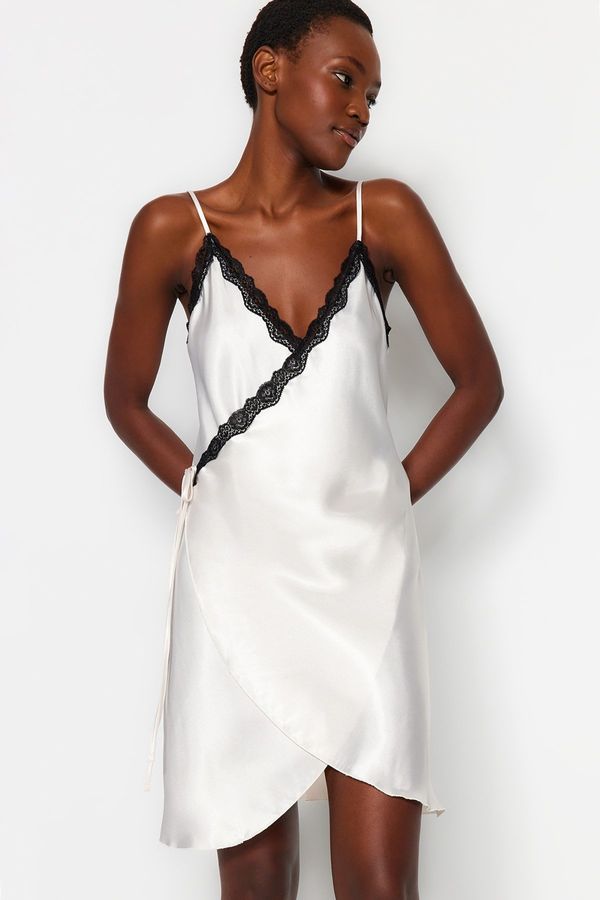 Trendyol Trendyol Ecru Laced Tie Detailed Rope Strap Satin Woven Nightgown