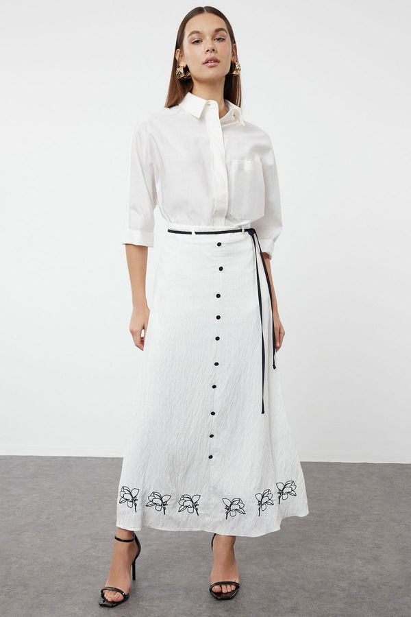 Trendyol Trendyol Ecru Lined Embroidered Belted Button Detailed Woven Skirt