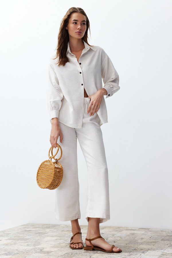 Trendyol Trendyol Ecru Linen Look Shirt Trousers Woven Bottom-Top Set