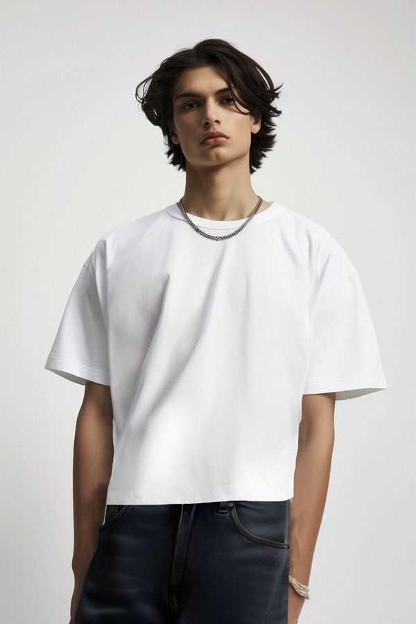 Trendyol Trendyol Ecru Men's Oversize Square Cut Low Shoulder 100% Cotton Basic T-Shirt