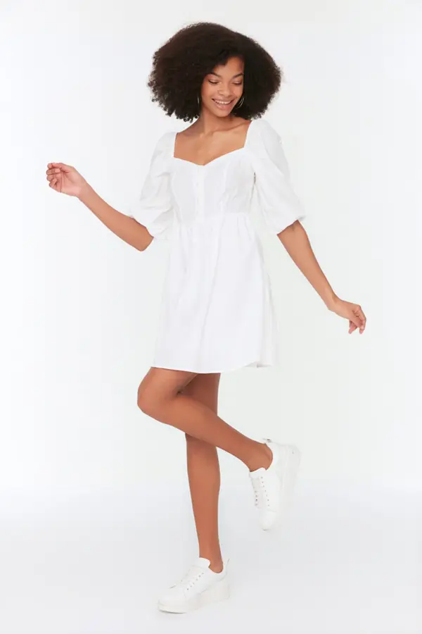 Trendyol Trendyol Ecru Mini Waist Open Woven Balloon Sleeve Woven Dress
