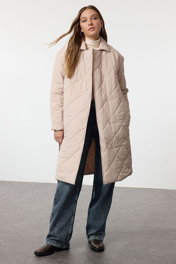 Trendyol Trendyol Ecru Oversize Belted Long Quilted Puffer Coat