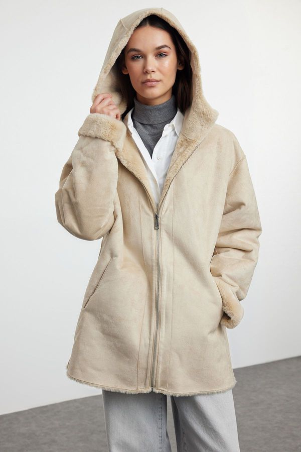 Trendyol Trendyol Ecru Oversize Double Sided Hooded Suede-Plush Coat