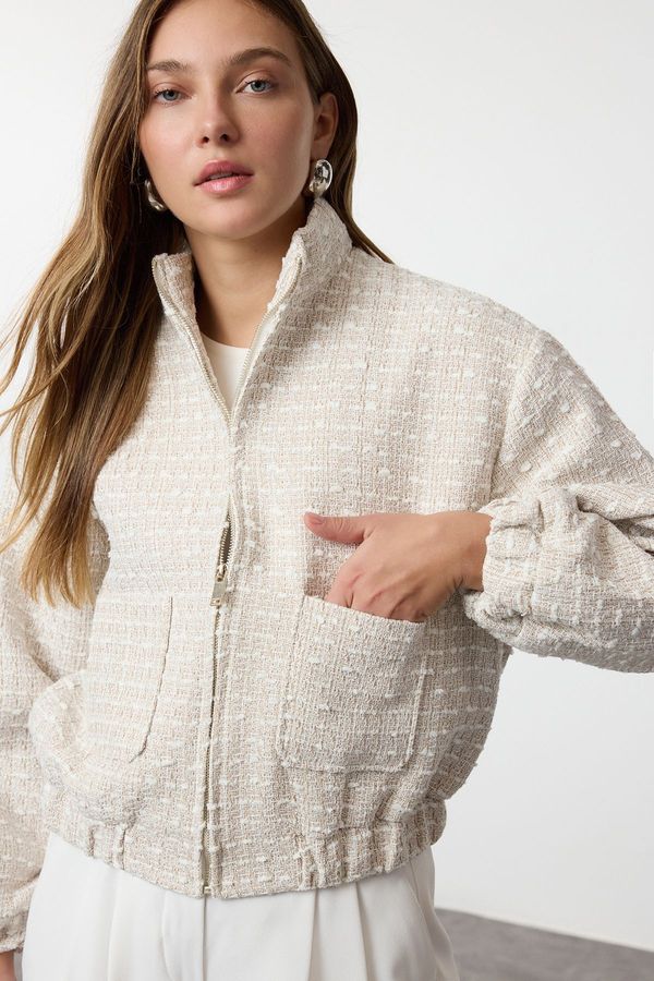 Trendyol Trendyol Ecru Oversize Pattern Tweed Bomber Thin Jacket Coat