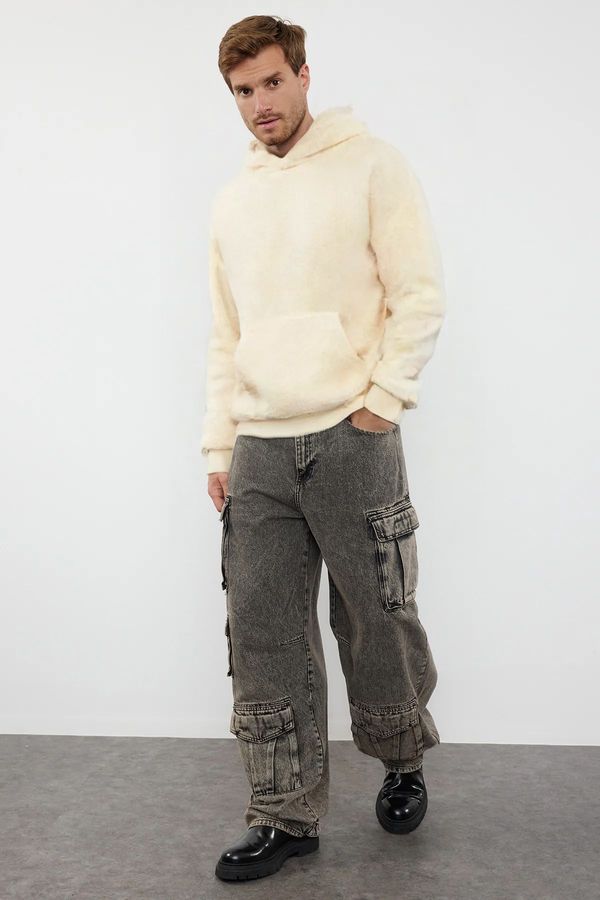 Trendyol Trendyol Ecru Oversize/Wide Cut Basic Warm Hooded Plush Sweatshirt