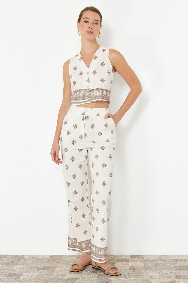 Trendyol Trendyol Ecru Patterned Buttoned Linen Look Blouse Trousers Woven Bottom-Top Set