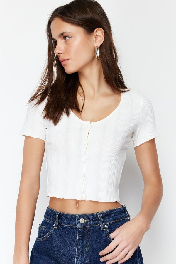 Trendyol Trendyol Ecru Placket Crop Pool Collar Ribbed Flexible Knitted Blouse