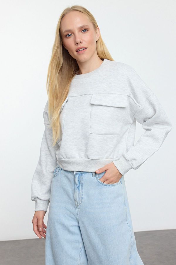 Trendyol Trendyol Ecru Pocket Detailed Crop/Short Regular/Normal Pattern Knitted Sweatshirt