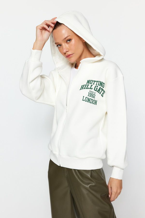 Trendyol Trendyol Ecru, Printed Back, Zippered Hoodie, Fleece Inside Oversize Fit, Knitted Sweatshirt