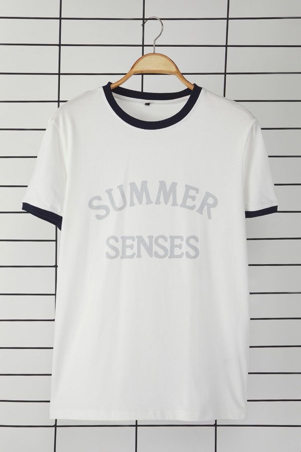 Trendyol Trendyol Ecru Regular Cut Sleeve Detail Printed 100% Cotton T-Shirt