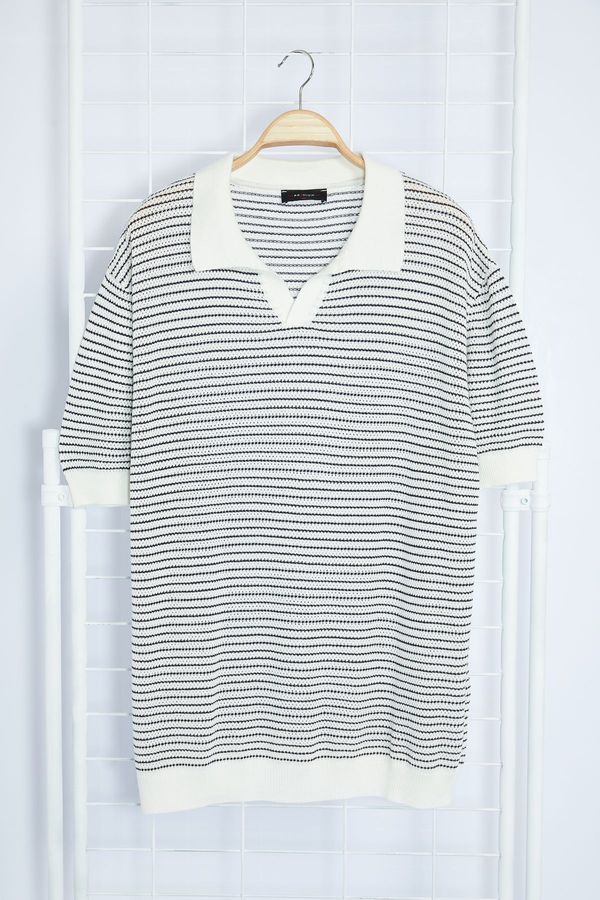 Trendyol Trendyol Ecru Regular Fit Stripe Detailed Polo Neck Plus Size Polo Neck T-Shirt