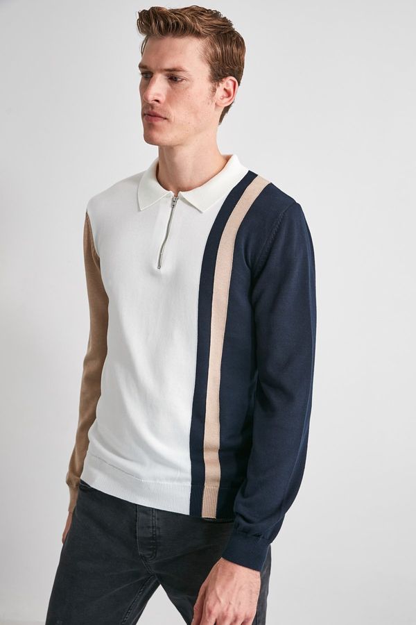 Trendyol Trendyol Ecru Regular Polo Collar Color Block Knit Sweater