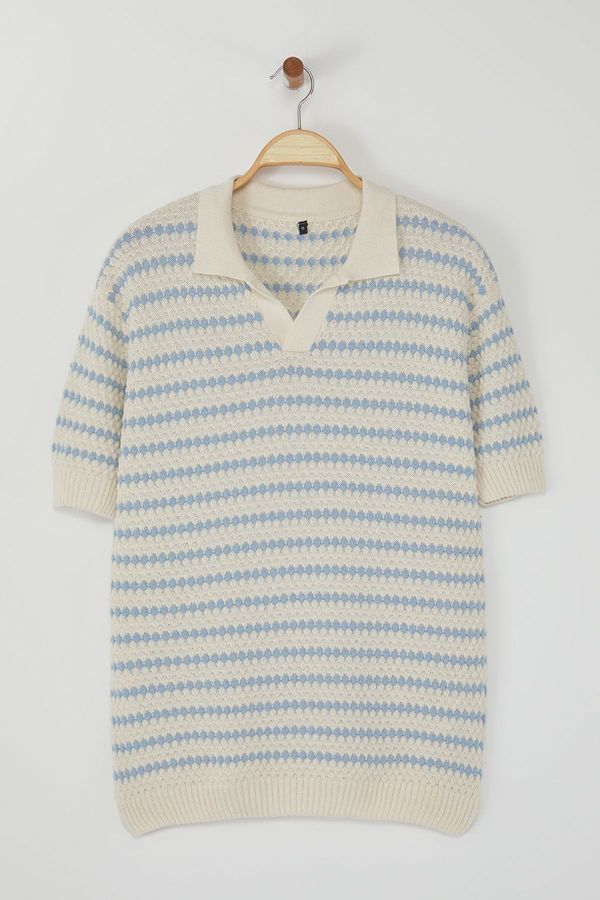 Trendyol Trendyol Ecru Regular Striped Textured Knitwear Polo Neck T-shirt