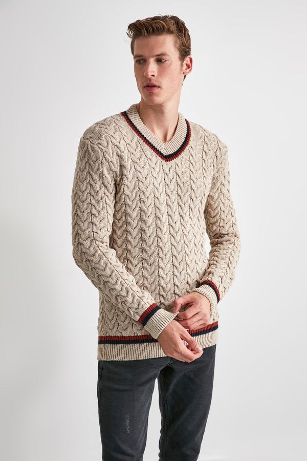 Trendyol Trendyol Ecru Regular Wool V Neck Hair Knitted Sweater