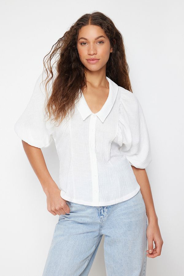 Trendyol Trendyol Ecru Regular Woven Linen Look Shirt with Back Tie Detail