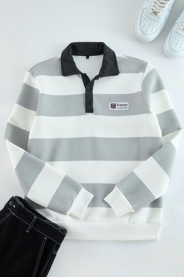 Trendyol Trendyol Ecru Regular/Normal Cut Polo Collar Striped Polar Fleece Inside Cotton Sweatshirt