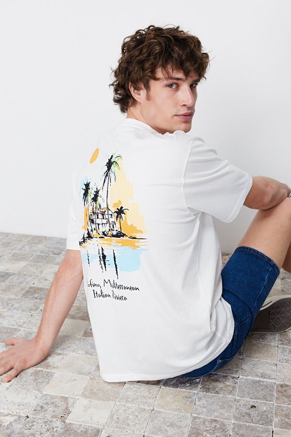 Trendyol Trendyol Ecru Relaxed/Comfortable Cut Landscape Printed 100% Cotton Short Sleeve T-Shirt