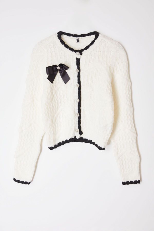 Trendyol Trendyol Ecru Ribbon Detailed Beaded Knitted Cardigan